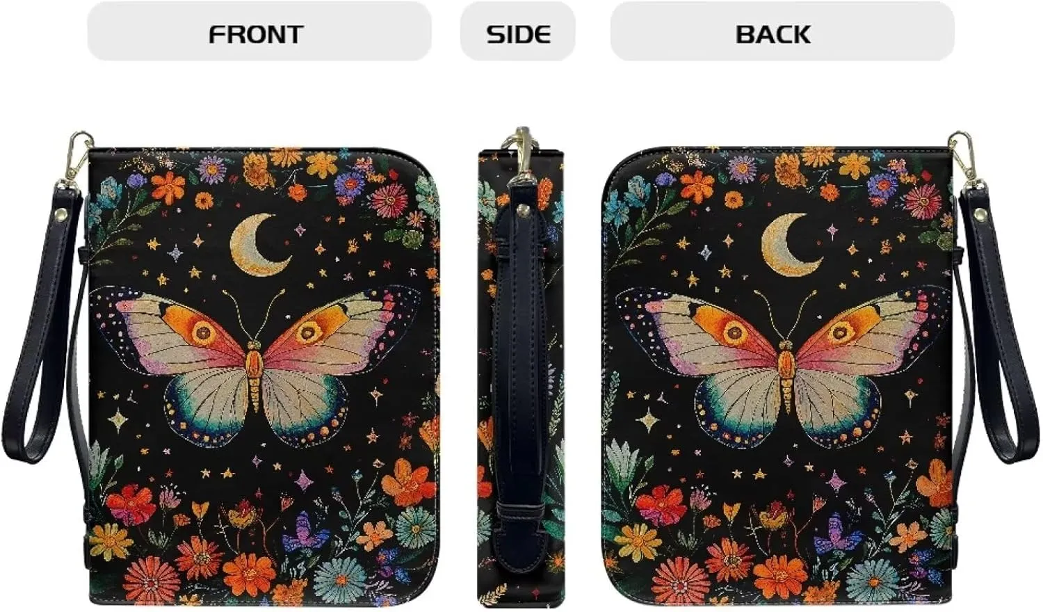 Boho Butterfly Flower Star Moon Print PU Leather Bible Cover for Women Men Multifunctional Bible Book Carrying Case with Pen Slots Bible Study Tools for Daily Use, L