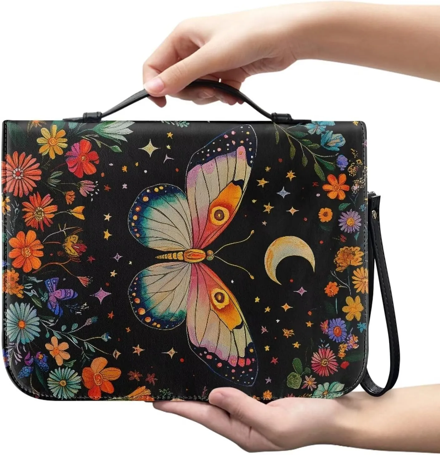 Boho Butterfly Flower Star Moon Print PU Leather Bible Cover for Women Men Multifunctional Bible Book Carrying Case with Pen Slots Bible Study Tools for Daily Use, L