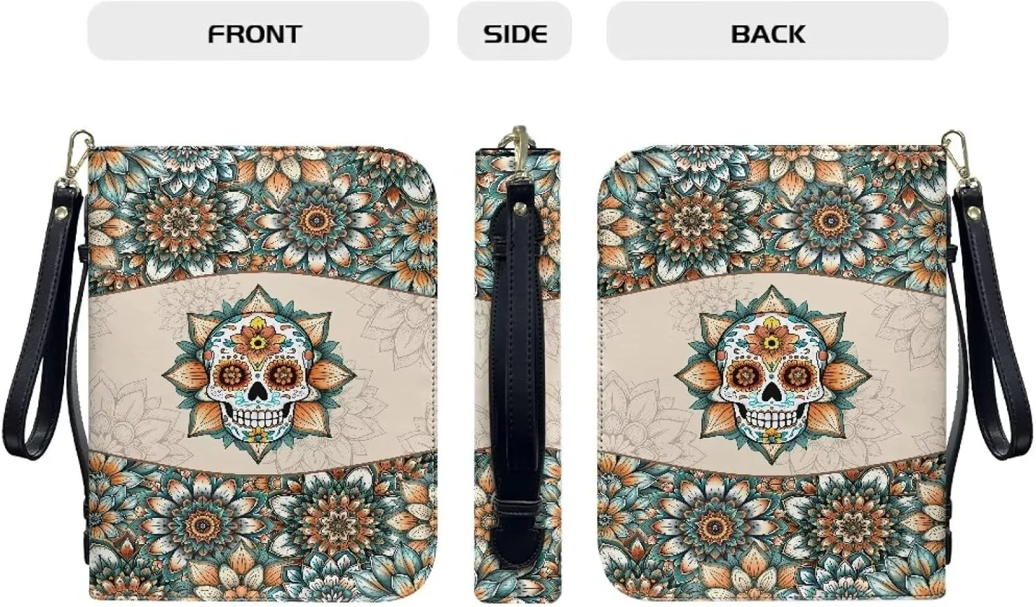 Boho Mandala Skull Print PU Leather Bible Cover Lightweight Bible Carrying Case for Women Men Scripture Bag with Detachable Wristlet Strap Bible Accessories for Daily Use, 2XL