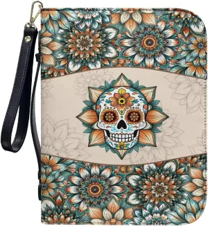 Boho Mandala Skull Print PU Leather Bible Cover Lightweight Bible Carrying Case for Women Men Scripture Bag with Detachable Wristlet Strap Bible Accessories for Daily Use, 2XL