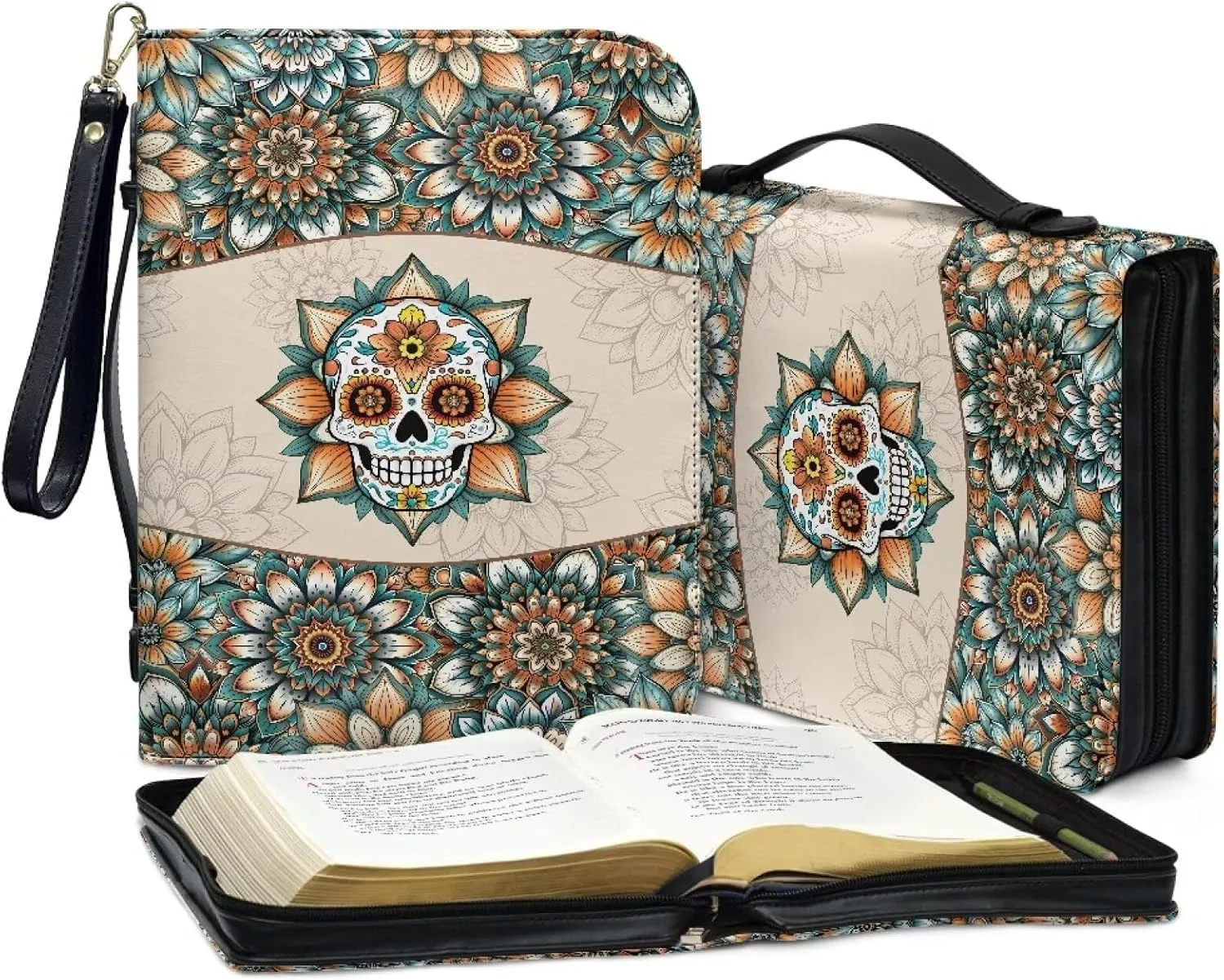 Boho Mandala Skull Print PU Leather Bible Cover Lightweight Bible Carrying Case for Women Men Scripture Bag with Detachable Wristlet Strap Bible Accessories for Daily Use, 2XL