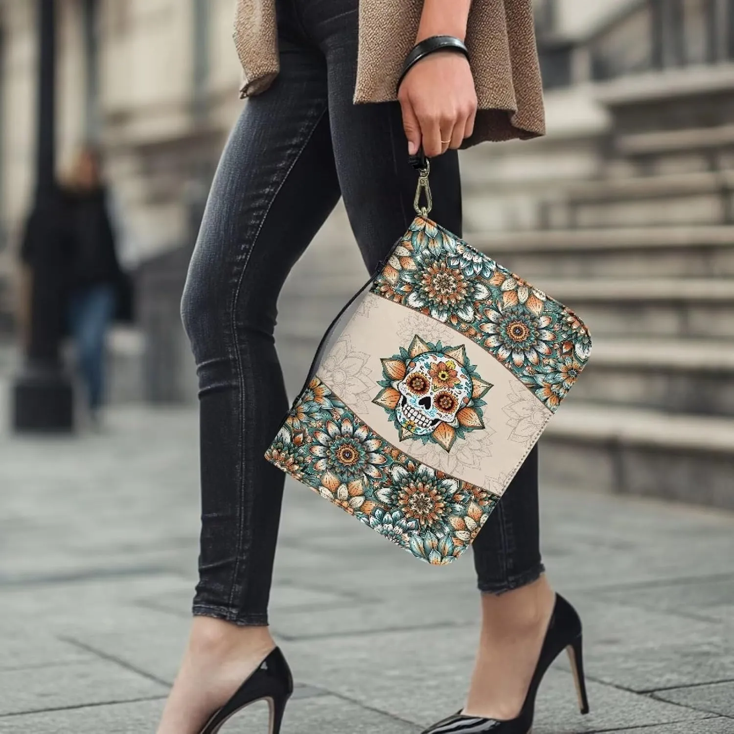Boho Mandala Skull Print PU Leather Bible Cover Lightweight Bible Carrying Case for Women Men Scripture Bag with Detachable Wristlet Strap Bible Accessories for Daily Use, 2XL