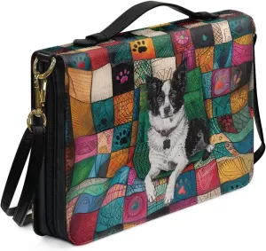Border Collie Bible Covers for Study, Leather Bible Case with Shoulder Strap for Women Girls, Protective Bible Carrying Case with Pen Storage, Size L