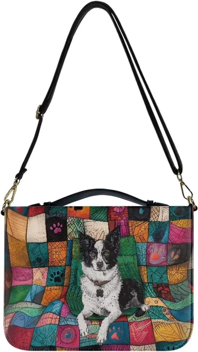 Border Collie Bible Covers for Study, Leather Bible Case with Shoulder Strap for Women Girls, Protective Bible Carrying Case with Pen Storage, Size L