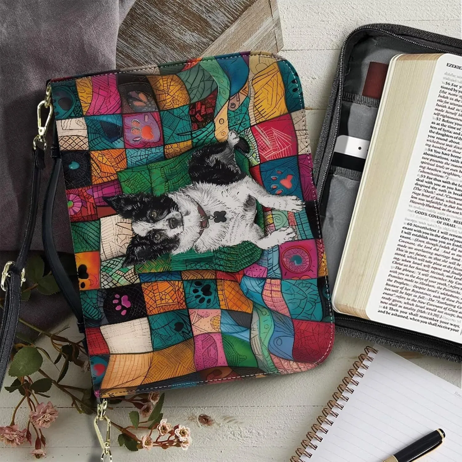 Border Collie Bible Covers for Study, Leather Bible Case with Shoulder Strap for Women Girls, Protective Bible Carrying Case with Pen Storage, Size L
