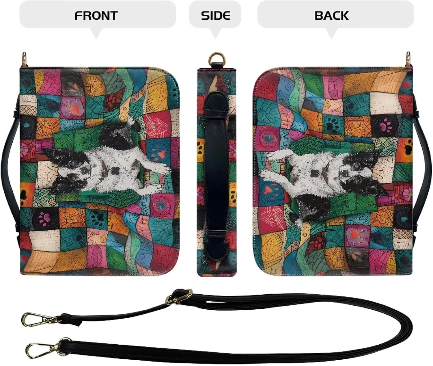 Border Collie Bible Covers for Study, Leather Bible Case with Shoulder Strap for Women Girls, Protective Bible Carrying Case with Pen Storage, Size L