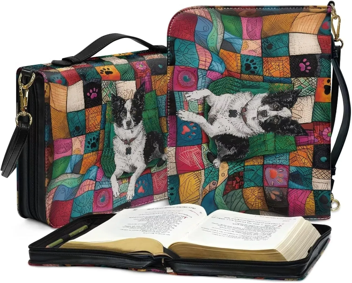 Border Collie Bible Covers for Study, Leather Bible Case with Shoulder Strap for Women Girls, Protective Bible Carrying Case with Pen Storage, Size L