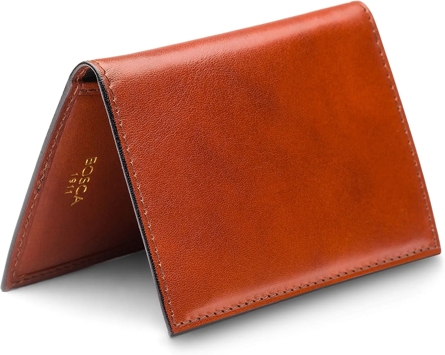 Bosca Men's Leather Card Holder Wallet – Italian Full Grain Vegetable Tanned Credit Card Case – 6 Card Slots, 2 Receipt Wells – Classic Glossy Finish – Gift-Ready Packaging - Amber Brown