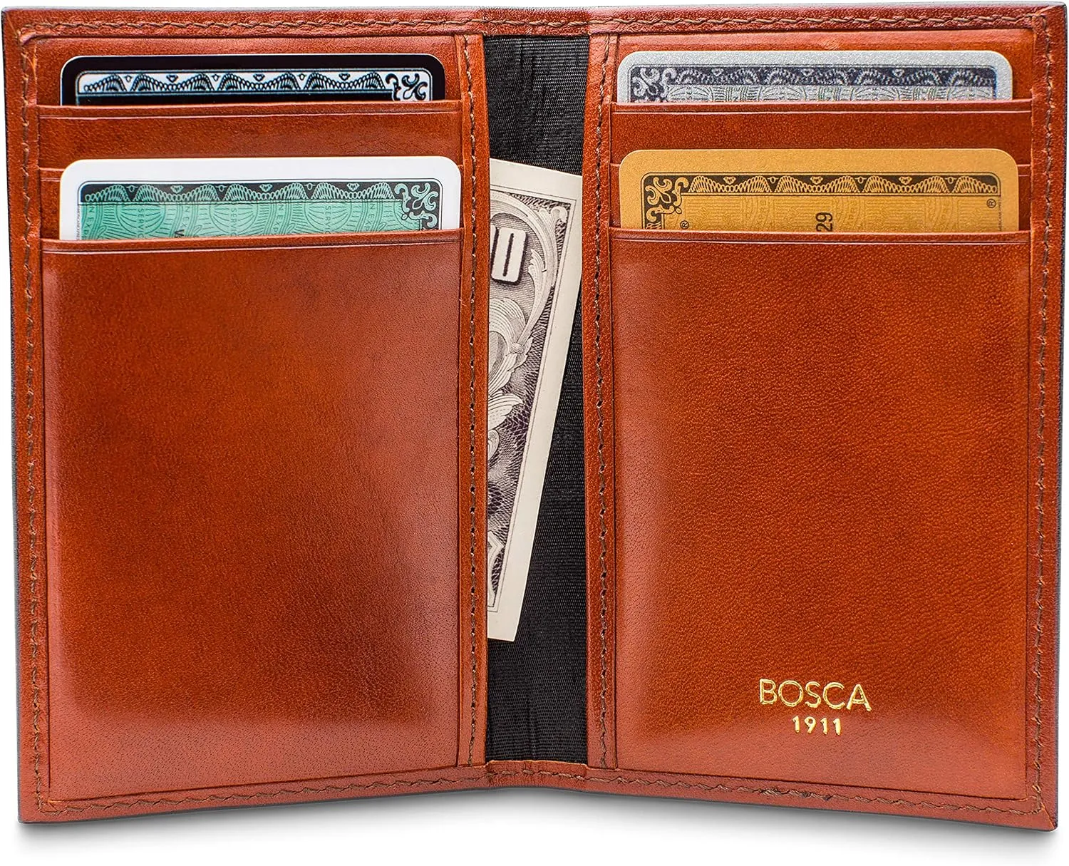 Bosca Men's Leather Card Holder Wallet – Italian Full Grain Vegetable Tanned Credit Card Case – 6 Card Slots, 2 Receipt Wells – Classic Glossy Finish – Gift-Ready Packaging - Amber Brown