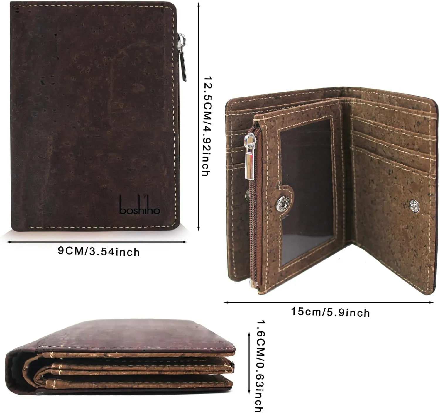 boshiho Eco Cork Friendly RFID Blocking Wallet Bi-fold Card Holder Vertical Wallet With Zippered Coin Purse & ID Window