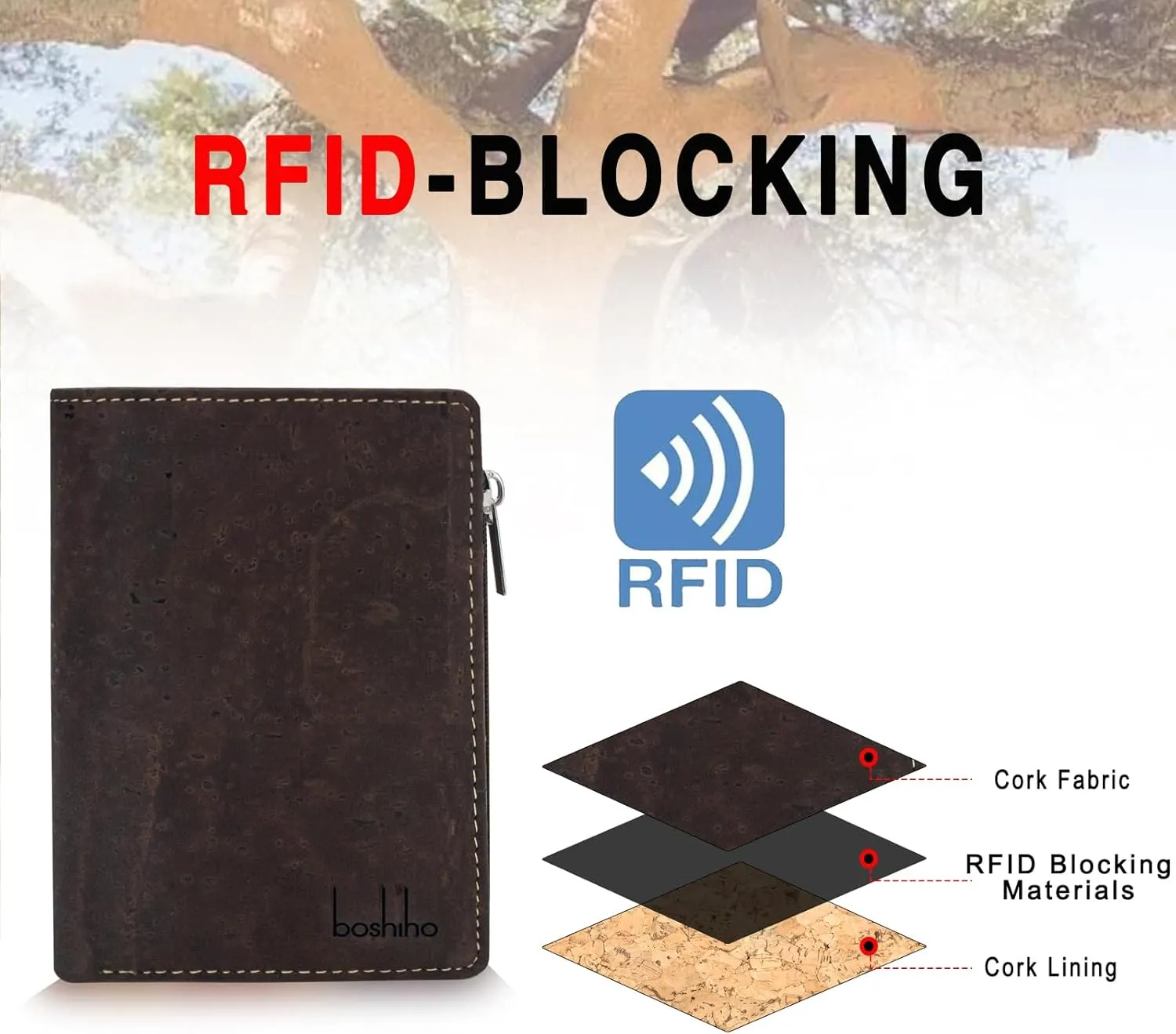 boshiho Eco Cork Friendly RFID Blocking Wallet Bi-fold Card Holder Vertical Wallet With Zippered Coin Purse & ID Window
