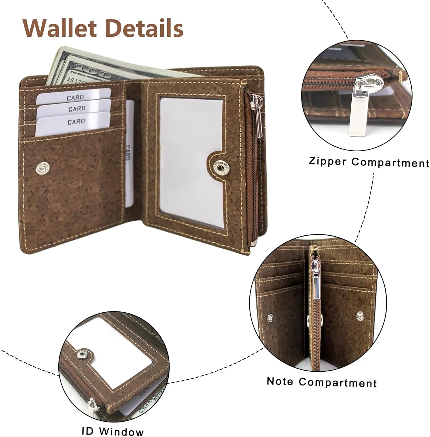 boshiho Eco Cork Friendly RFID Blocking Wallet Bi-fold Card Holder Vertical Wallet With Zippered Coin Purse & ID Window