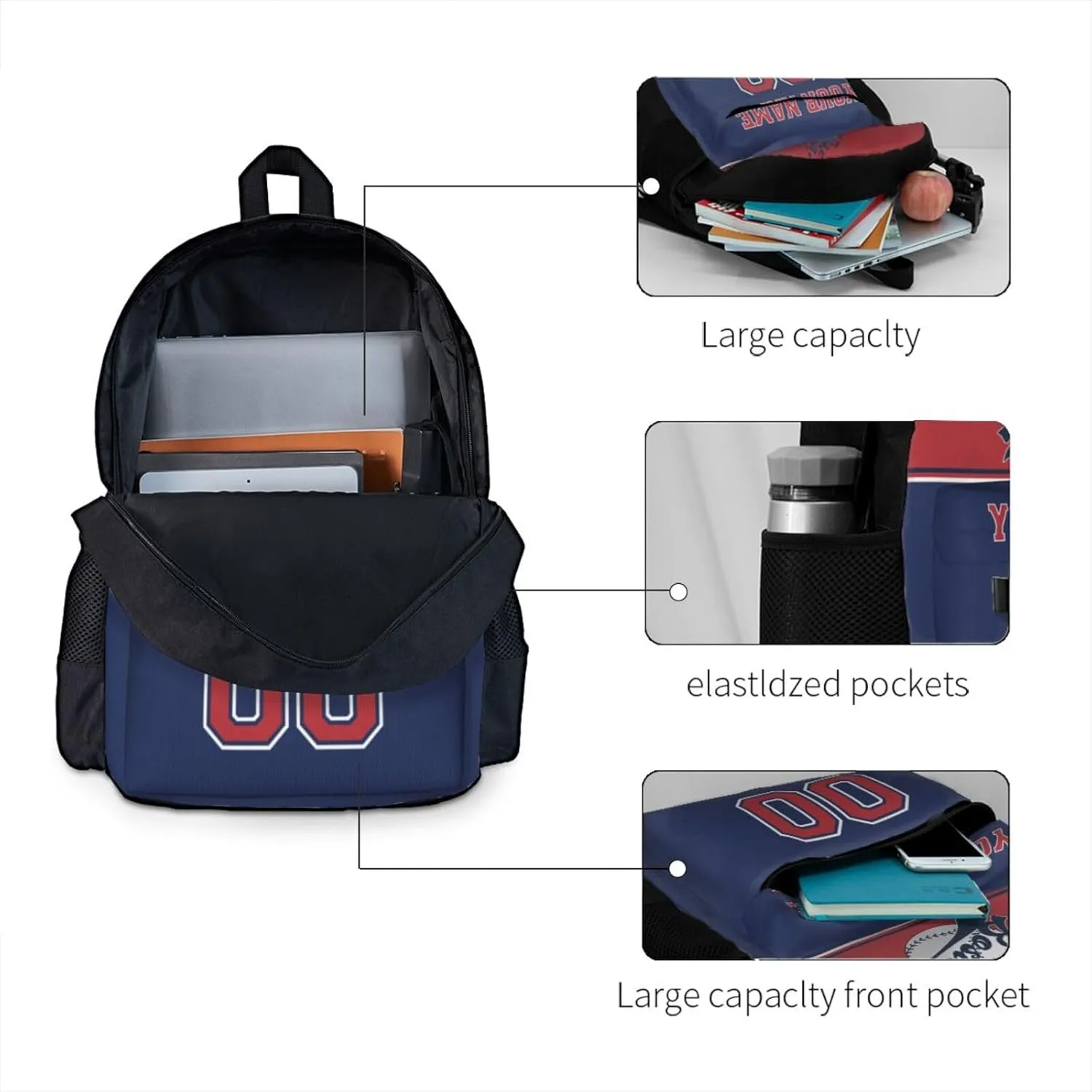 Boston Backpack,Custom Baseball Sports Backpack With Name And Number,Personalized High Capacity Casual Laptop Bag Travel Bag Gifts For Fans Men Women