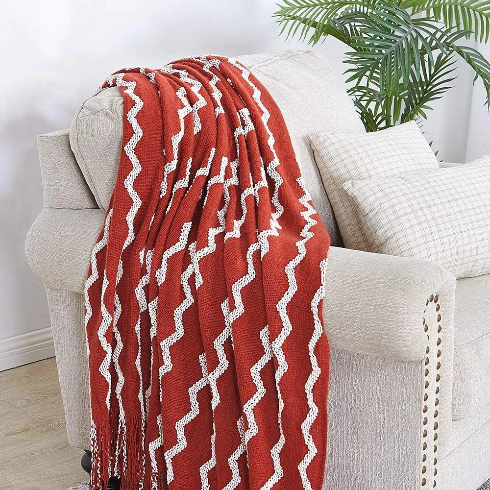 BOURINA Fluffy Chenille Knitted Fringe Throw Blanket Lightweight Soft Cozy for Bed Sofa Chair Throw Blankets, Rust 50" x 60"