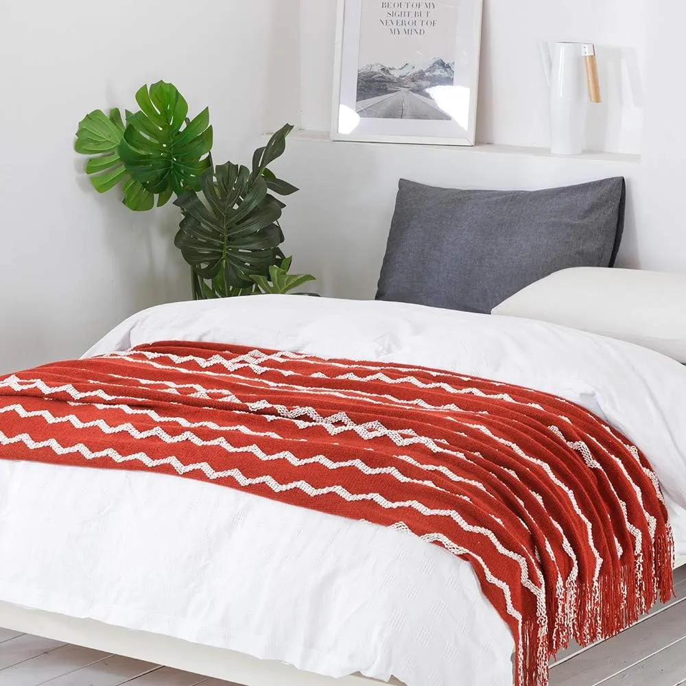 BOURINA Fluffy Chenille Knitted Fringe Throw Blanket Lightweight Soft Cozy for Bed Sofa Chair Throw Blankets, Rust 50" x 60"