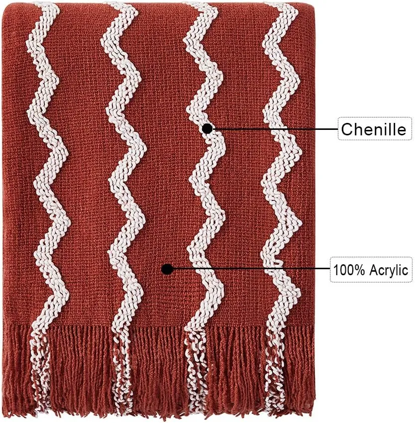 BOURINA Fluffy Chenille Knitted Fringe Throw Blanket Lightweight Soft Cozy for Bed Sofa Chair Throw Blankets, Rust 50" x 60"