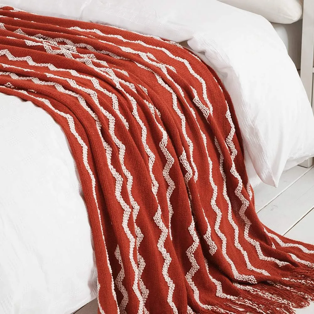BOURINA Fluffy Chenille Knitted Fringe Throw Blanket Lightweight Soft Cozy for Bed Sofa Chair Throw Blankets, Rust 50" x 60"