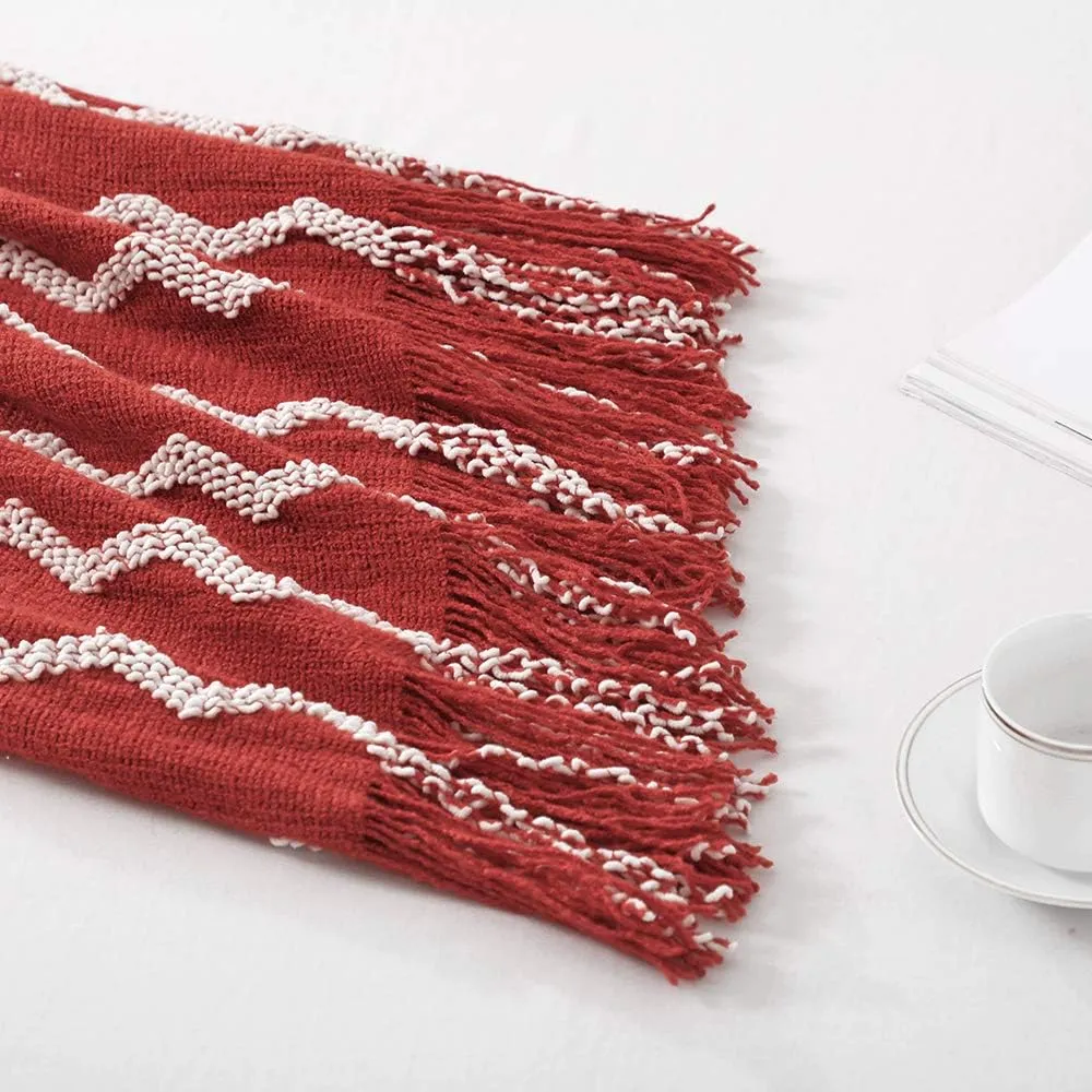 BOURINA Fluffy Chenille Knitted Fringe Throw Blanket Lightweight Soft Cozy for Bed Sofa Chair Throw Blankets, Rust 50" x 60"