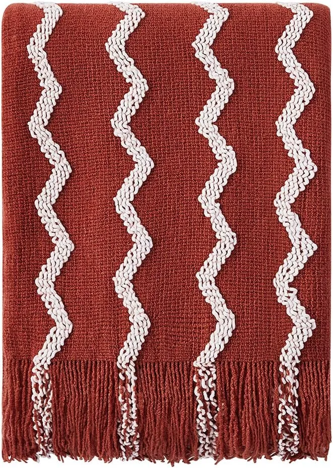 BOURINA Fluffy Chenille Knitted Fringe Throw Blanket Lightweight Soft Cozy for Bed Sofa Chair Throw Blankets, Rust 50" x 60"
