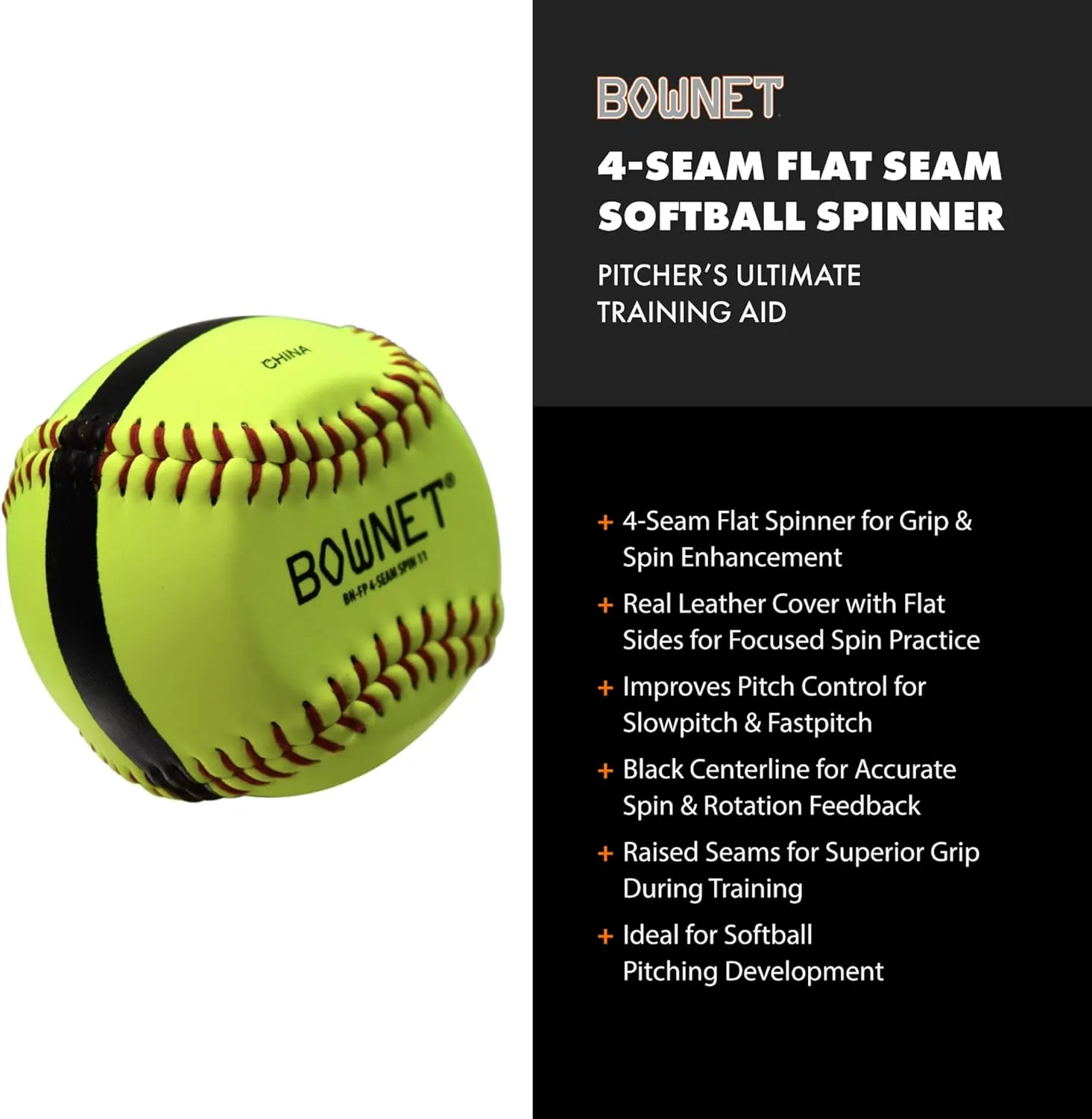 Bownet Flat Seam Softball Spinner Slowpitch Fastpitch Training Aid, Genuine Leather - Pitcher Training and Practice Softball Balls - Slow Pitch and Fastpitch Training Aid