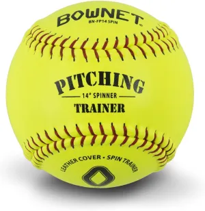 Bownet Softballs Spinner Trainers, Genuine Leather - Pitcher Training and Practice Softball Balls - Slow Pitch and Fastpitch Training Aid (Yellow, 14")