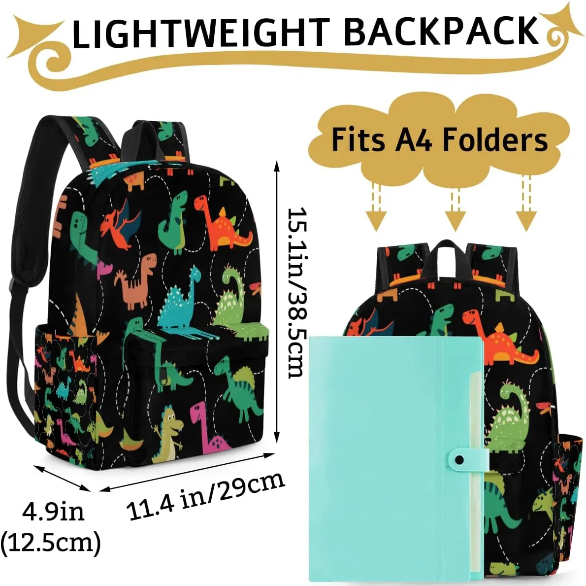 Boys Dino Toddler Backpack for Preschool, Colorful Dinosaurs Black Kids Kindergarten Bookbag Camping Travel Bag
