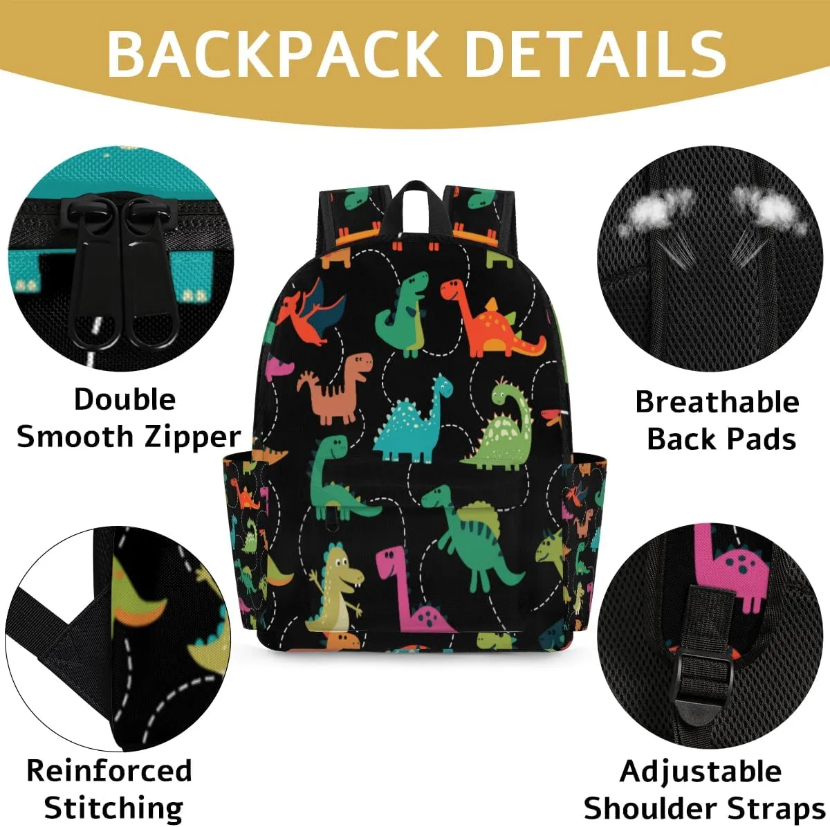Boys Dino Toddler Backpack for Preschool, Colorful Dinosaurs Black Kids Kindergarten Bookbag Camping Travel Bag