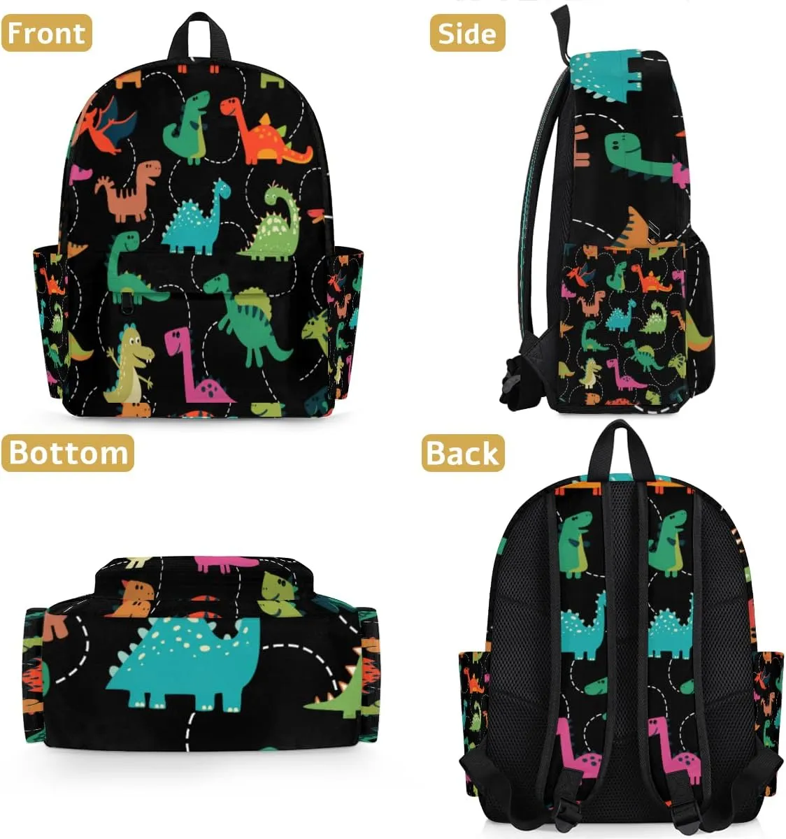 Boys Dino Toddler Backpack for Preschool, Colorful Dinosaurs Black Kids Kindergarten Bookbag Camping Travel Bag