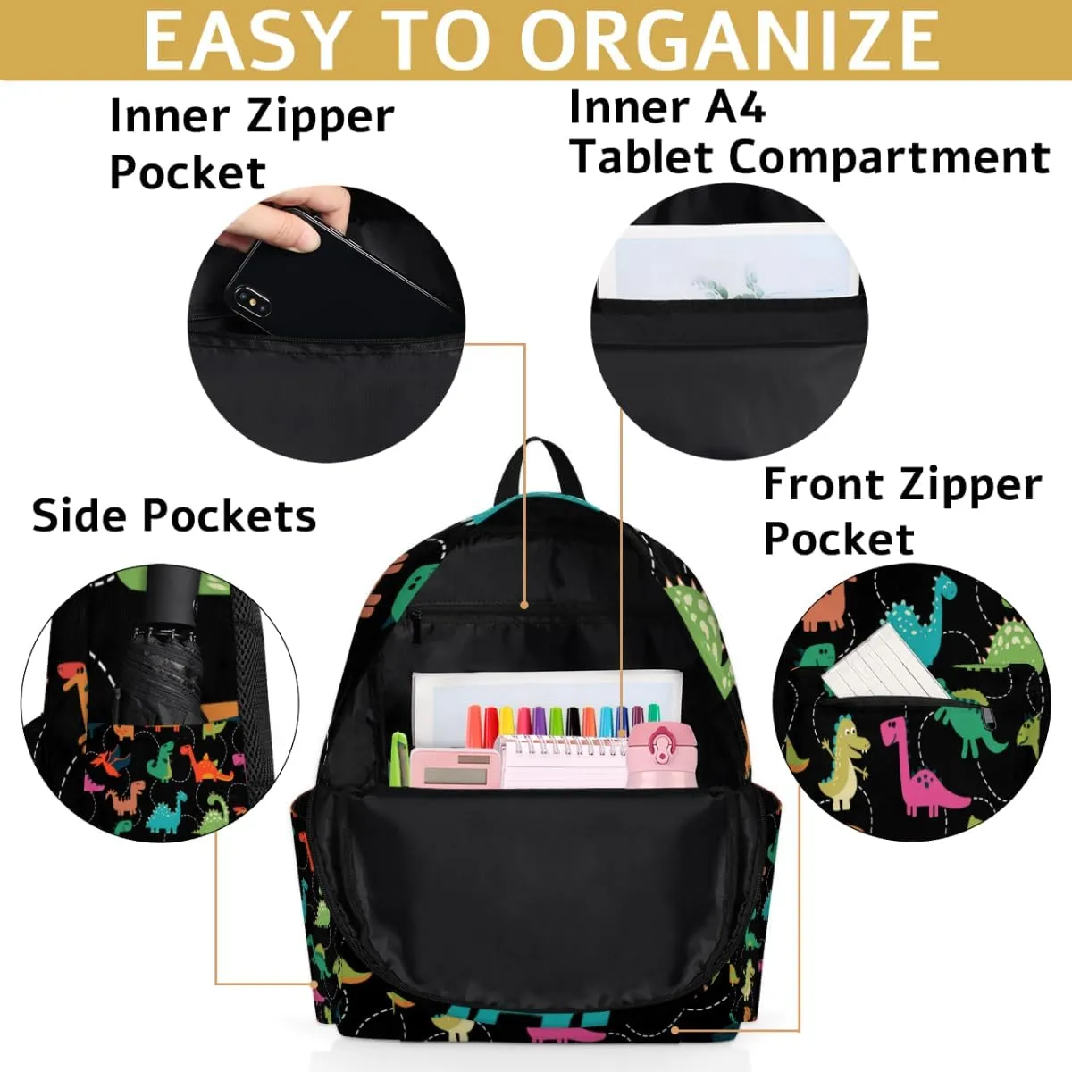 Boys Dino Toddler Backpack for Preschool, Colorful Dinosaurs Black Kids Kindergarten Bookbag Camping Travel Bag