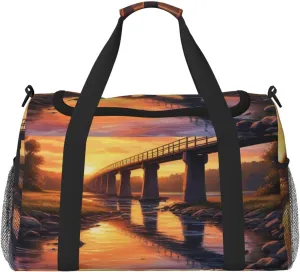 Bridge Sunset River Landscape Print Travel Duffle Bag - Foldable Personal Item Travel Bag for Women & Men,Carry-On Convertible Crossbody Tote Bags 13x10.2x19.7 in