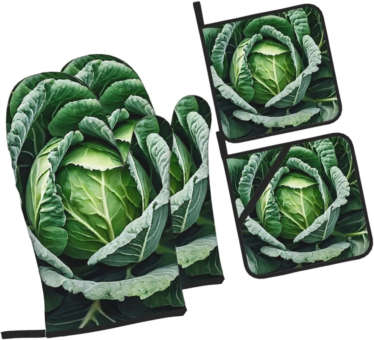 (Bright Cabbage) Oven Gloves And Pot Holders Set Of 4 Fabric Thick Waterproof Easy To Clean For Kitchen Cooking Baking Grilling Bbq Home Decor
