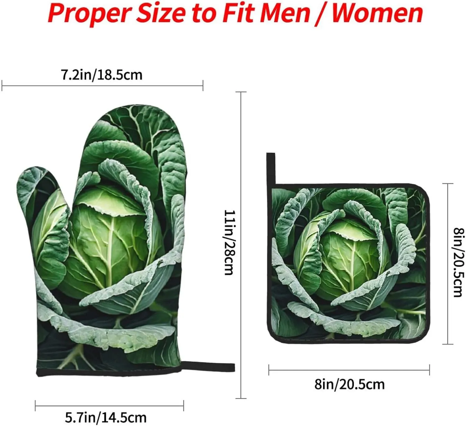 (Bright Cabbage) Oven Gloves And Pot Holders Set Of 4 Fabric Thick Waterproof Easy To Clean For Kitchen Cooking Baking Grilling Bbq Home Decor