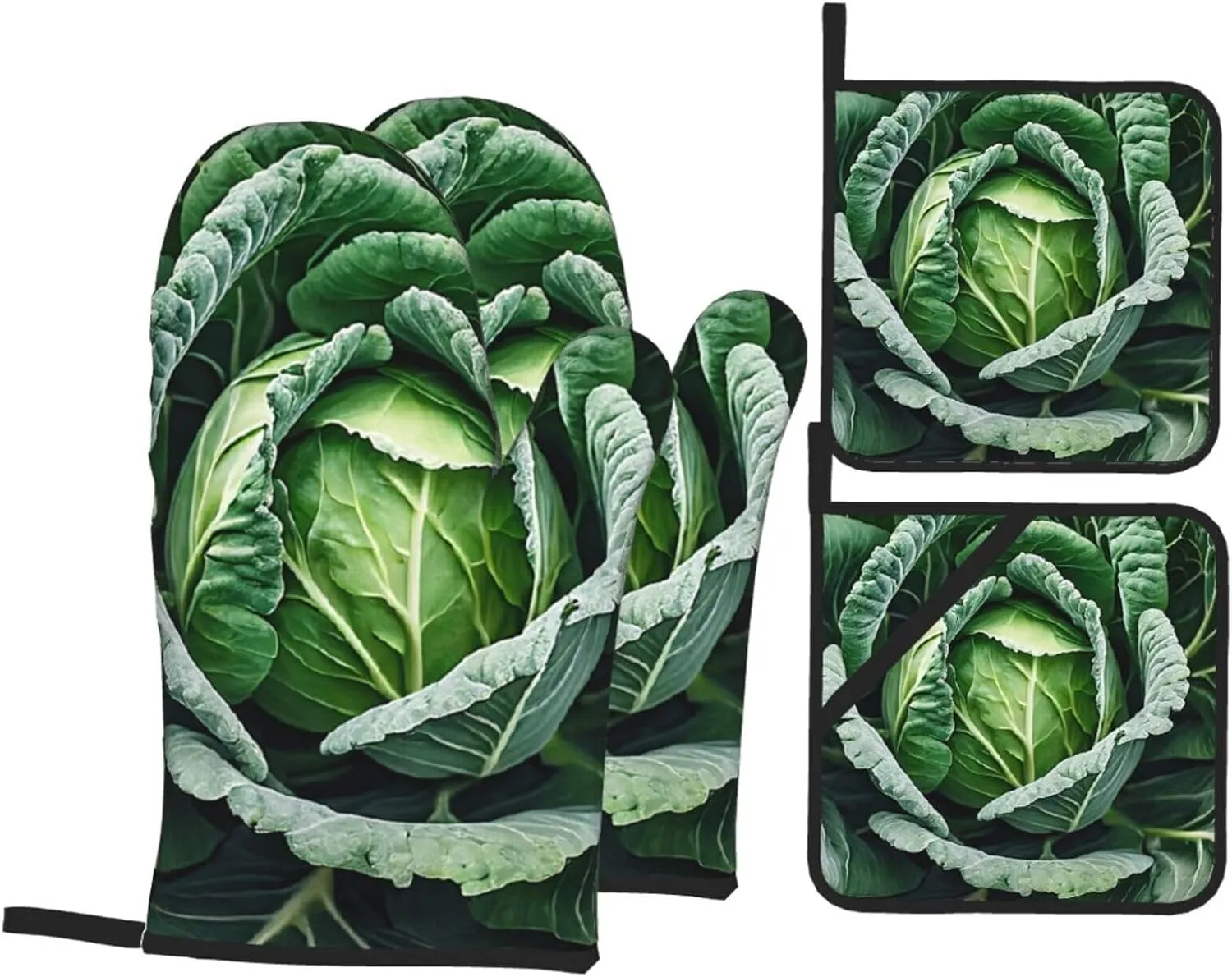 (Bright Cabbage) Oven Gloves And Pot Holders Set Of 4 Fabric Thick Waterproof Easy To Clean For Kitchen Cooking Baking Grilling Bbq Home Decor