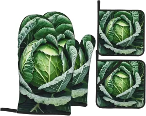 (Bright Cabbage) Oven Gloves And Pot Holders Set Of 4 Fabric Thick Waterproof Easy To Clean For Kitchen Cooking Baking Grilling Bbq Home Decor