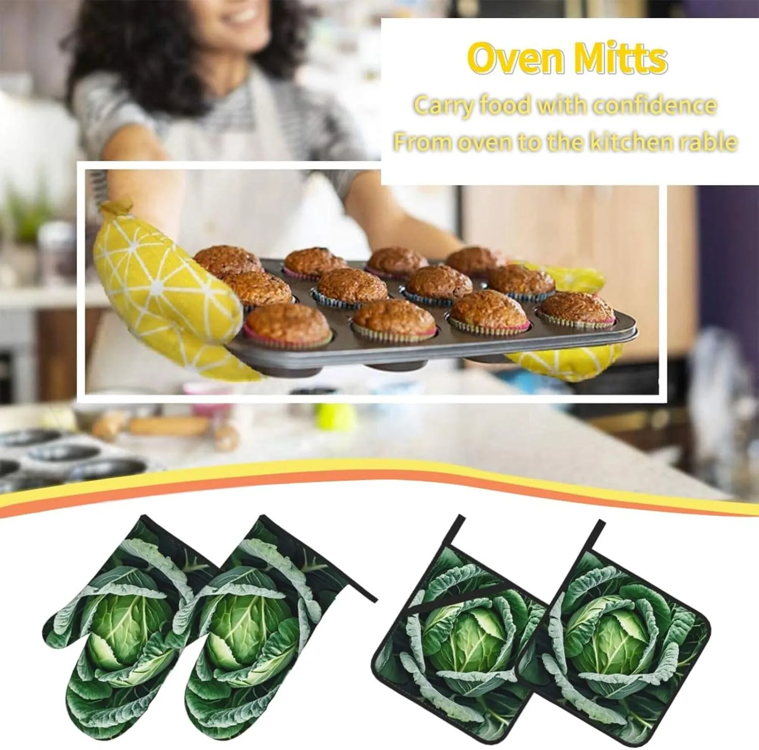 (Bright Cabbage) Oven Gloves And Pot Holders Set Of 4 Fabric Thick Waterproof Easy To Clean For Kitchen Cooking Baking Grilling Bbq Home Decor