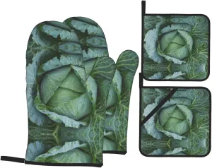 Bright Cabbage Print 4 Piece Baking Essentials Set Oven Mitts Pot Holderswaterproof for Grilling and BBQ
