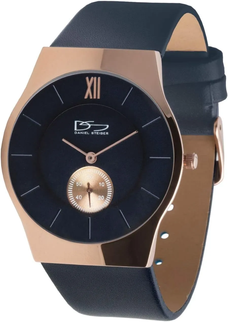 Brompton Men's Watch Quartz - Ultra Slim 7mm Case Design - Rose Gold Plated Stainless Steel - Navy Blue Dial with Seconds Sub-Dial - Blue Leather Band - 30M Water Resistant