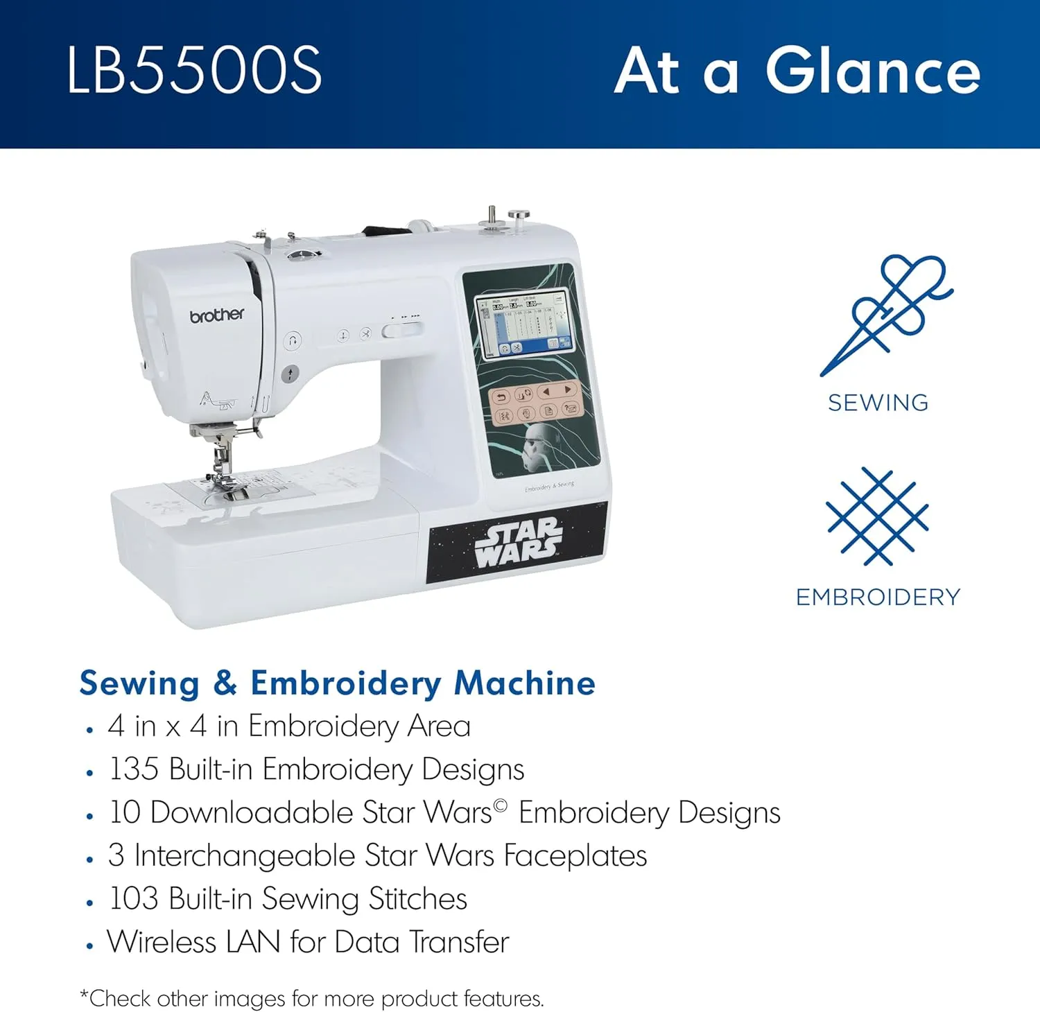 Brother LB5500S Star Wars 2-in-1 Combo Sewing & Embroidery Machine, 16.5 x 7.76 x 12.09 inches, White