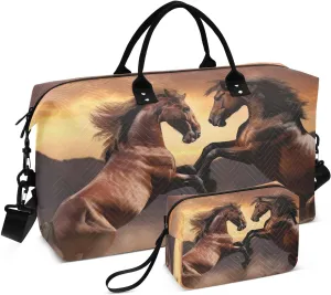 Brown Horses Sunset Travel Duffel Bag with Toiletry Bag Weekender Bag for Carry on Sports Gym Bag for Gym Yoga Sports