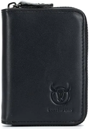 BULLCAPTAIN Genuine Leather Men Wallet Card Holder Cards Zipper Credit Card Pack Case Purse (Black)