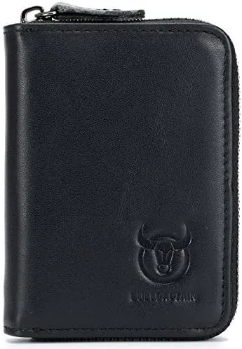 BULLCAPTAIN Genuine Leather Men Wallet Card Holder Cards Zipper Credit Card Pack Case Purse (Black)