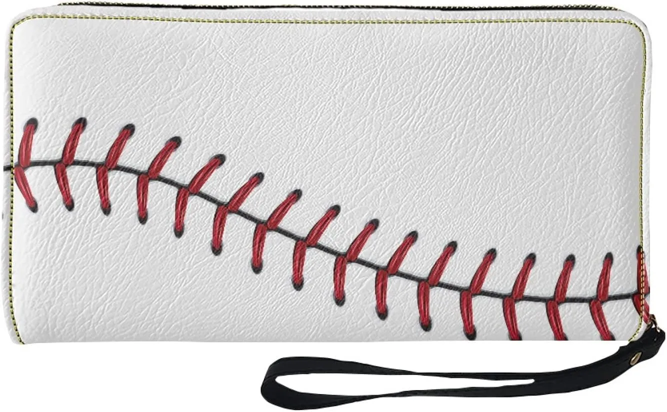 Bulopur White Baseball Print Women Girl Clutch Zip Credit Card Holder Wallet with Wristlet Long Pu Leather Purse