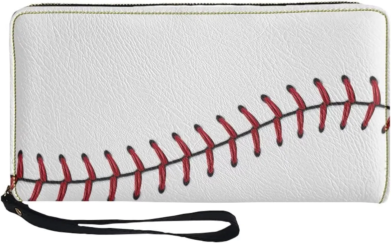 Bulopur White Baseball Print Women Girl Clutch Zip Credit Card Holder Wallet with Wristlet Long Pu Leather Purse