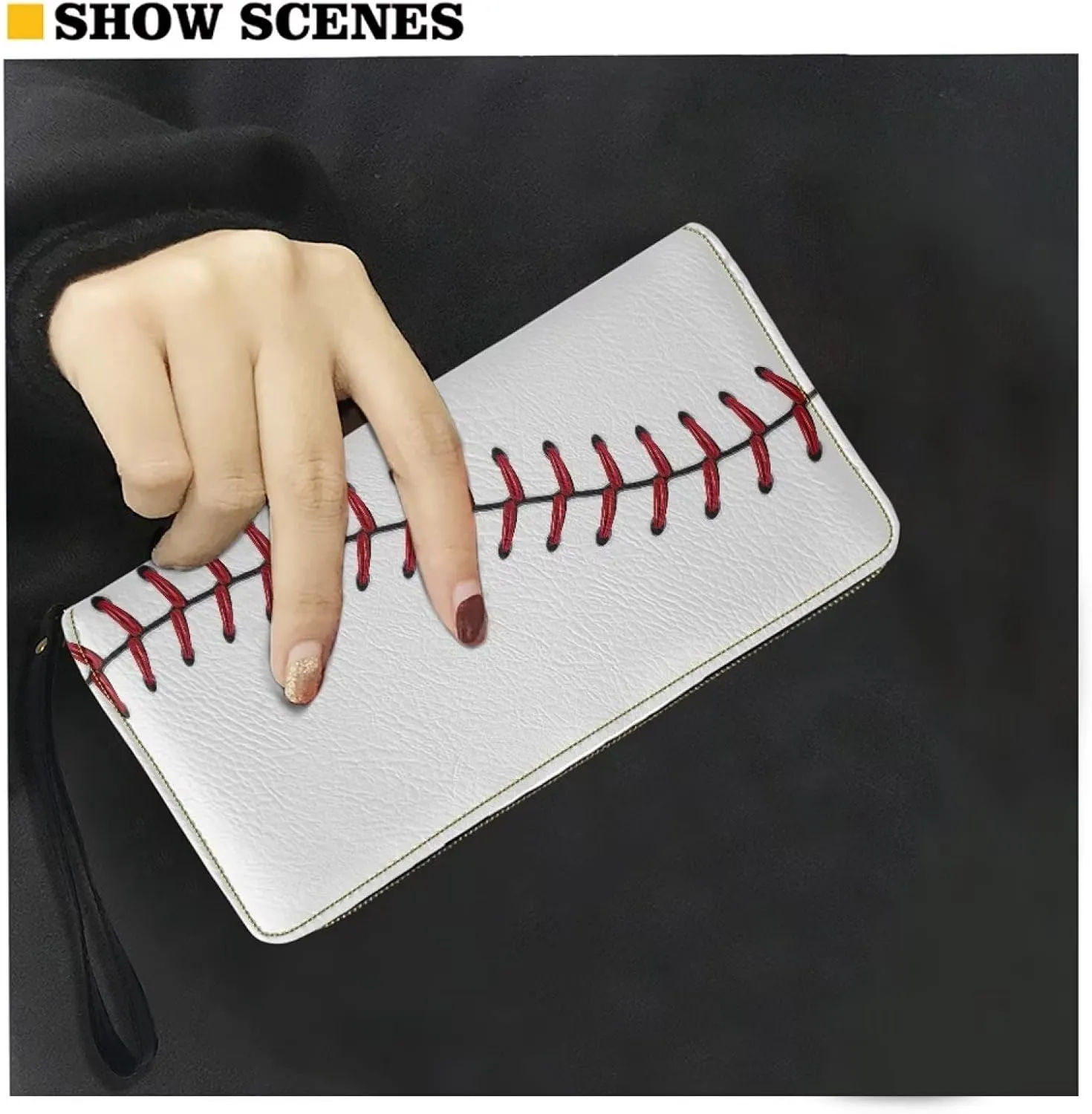 Bulopur White Baseball Print Women Girl Clutch Zip Credit Card Holder Wallet with Wristlet Long Pu Leather Purse