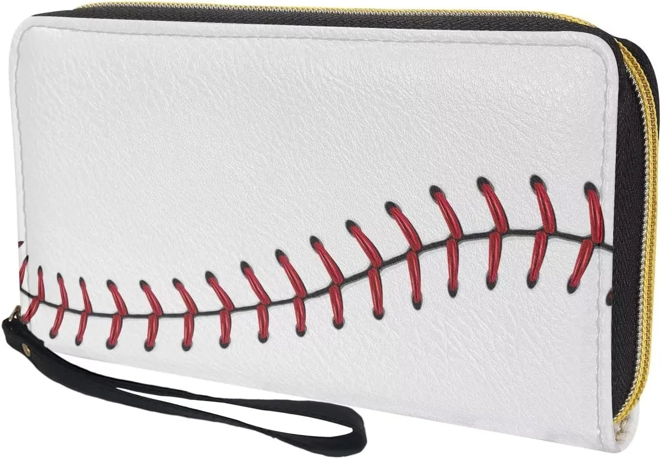 Bulopur White Baseball Print Women Girl Clutch Zip Credit Card Holder Wallet with Wristlet Long Pu Leather Purse