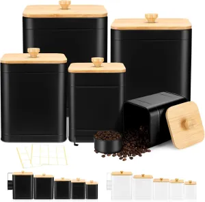 Buryeah Kitchen Canisters for Countertop Set of 5 with Labels & Marker Pen Black Metal Coffee Tea Sugar Flour Jars with Airtight Lid and Spoon Farmhouse Big Food Storage Containers Set for Kitchen