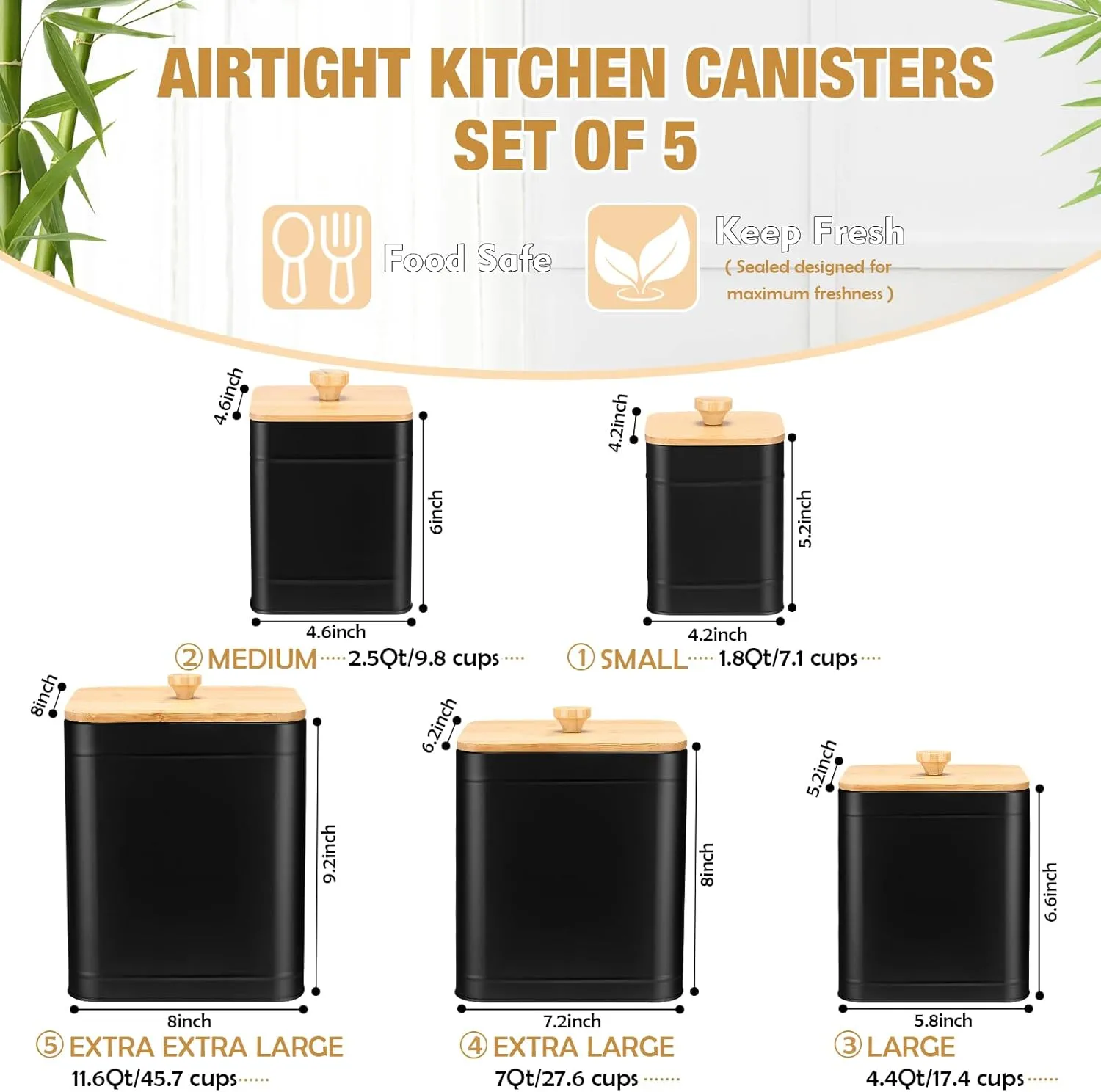 Buryeah Kitchen Canisters for Countertop Set of 5 with Labels & Marker Pen Black Metal Coffee Tea Sugar Flour Jars with Airtight Lid and Spoon Farmhouse Big Food Storage Containers Set for Kitchen