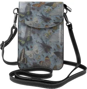 Butterfly and Beetle Print Small Crossbody Bags for Women Leather Cell Phone Purses Mini Leather Shoulder Handbag Adjustable Strap