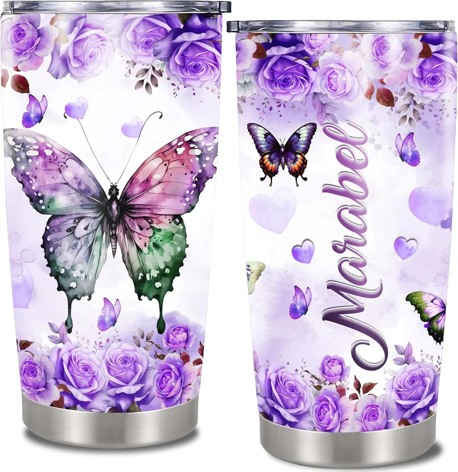 Butterfly Gifts for Women Girls Personalized Tumbler Custom Name Mom Grandma Nanny Travel Mug Insulated Cup with Lid Stainless Steel 20oz 30oz Purple Gift on Birthday Mother's Day