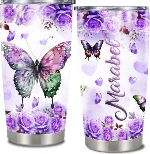 Butterfly Gifts for Women Girls Personalized Tumbler Custom Name Mom Grandma Nanny Travel Mug Insulated Cup with Lid Stainless Steel 20oz 30oz Purple Gift on Birthday Mother's Day